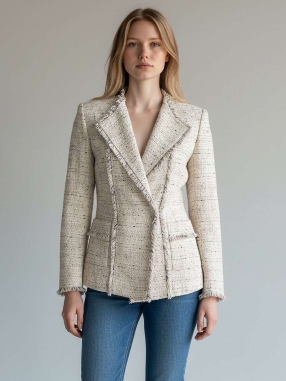 ST. JOHN Jacket Blazer Tweed Knit Fringe Cream Black Size 6
